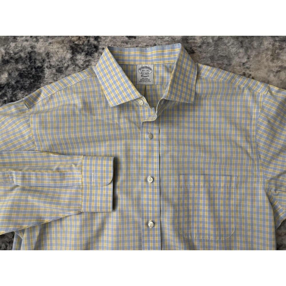Brooks Brothers Shirt Men's 16.5 34‎ Blue Yellow Check Classic Non Iron Supima